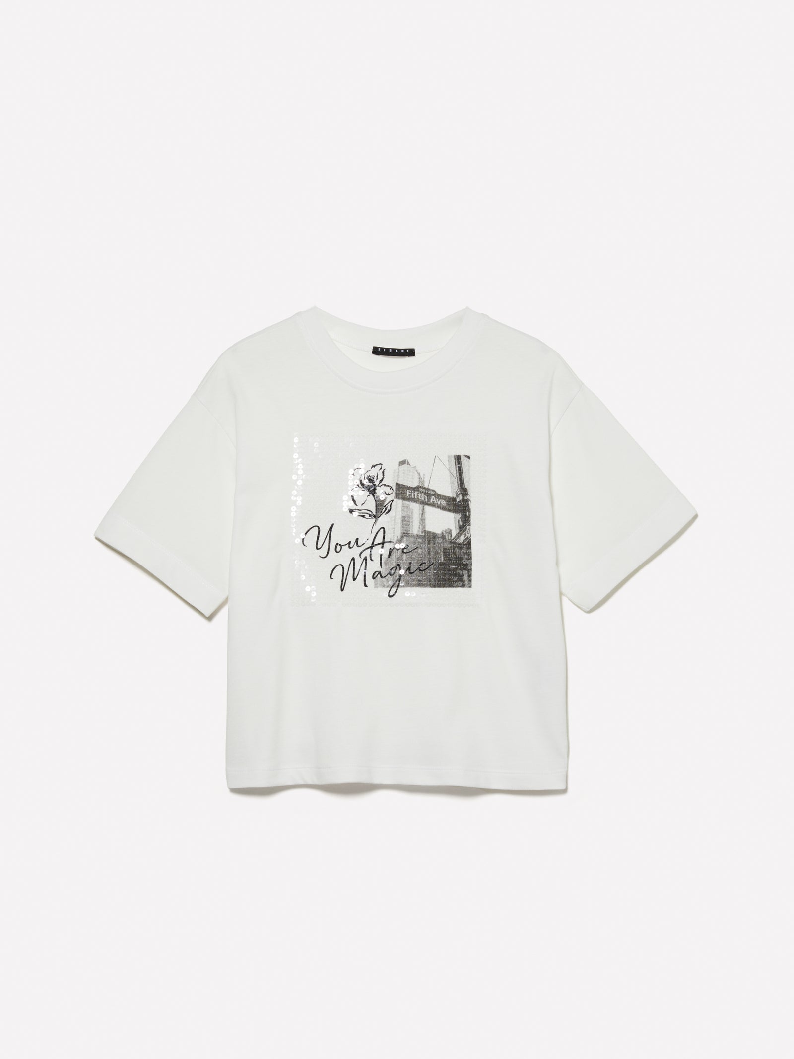 T-shirt con stampa e paillettes da bambina bianco | Sisley young Outlet