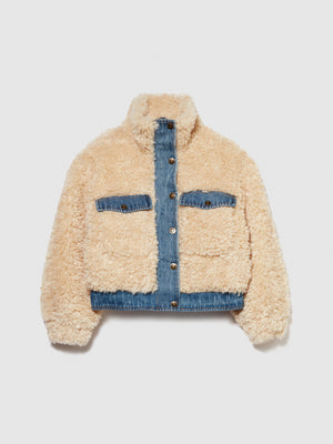 Giubbotto teddy con inserti in denim
