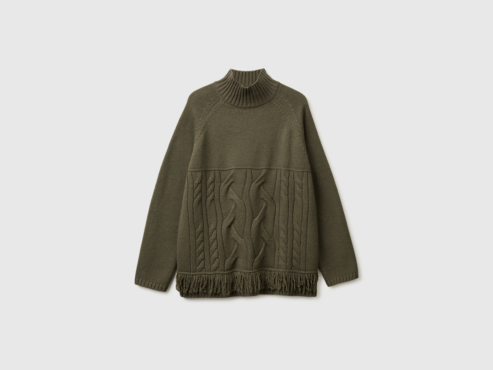Maglione dolcevita over fit con frange da donna verde militare | Benetton Outlet