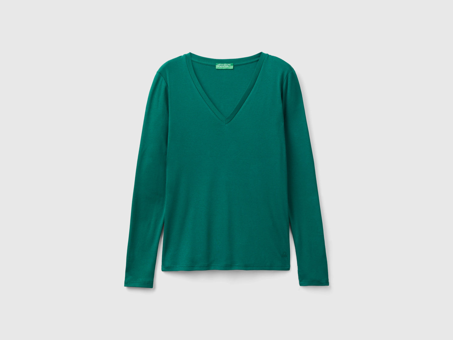 T-shirt a manica lunga con scollo a V da donna verde scuro | Benetton Outlet