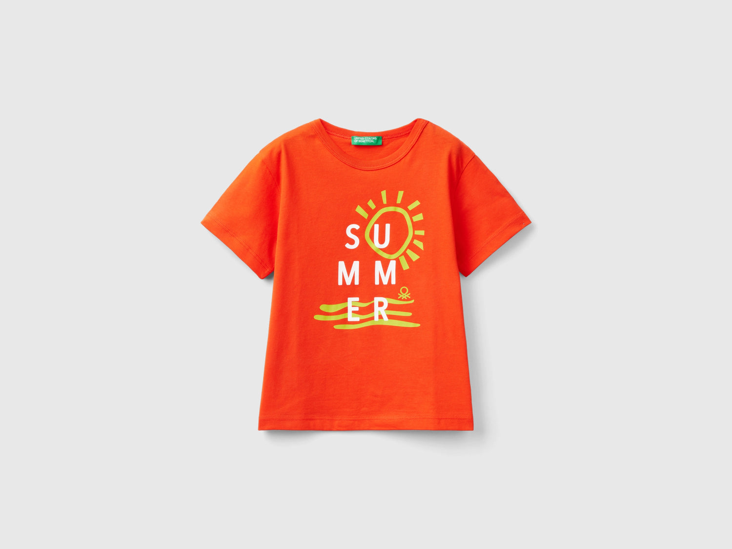 Maglietta in cotone bio con stampa da bimbo rosso corallo | Benetton Outlet