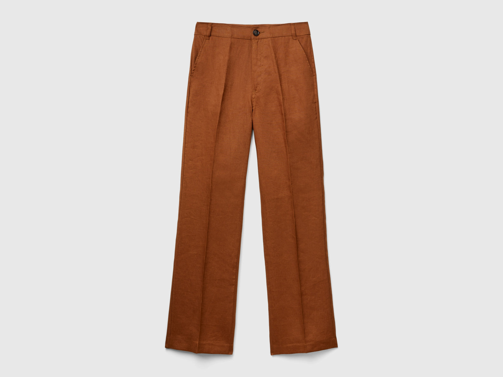 Pantaloni gamba dritta in puro lino da donna marrone | Benetton Outlet