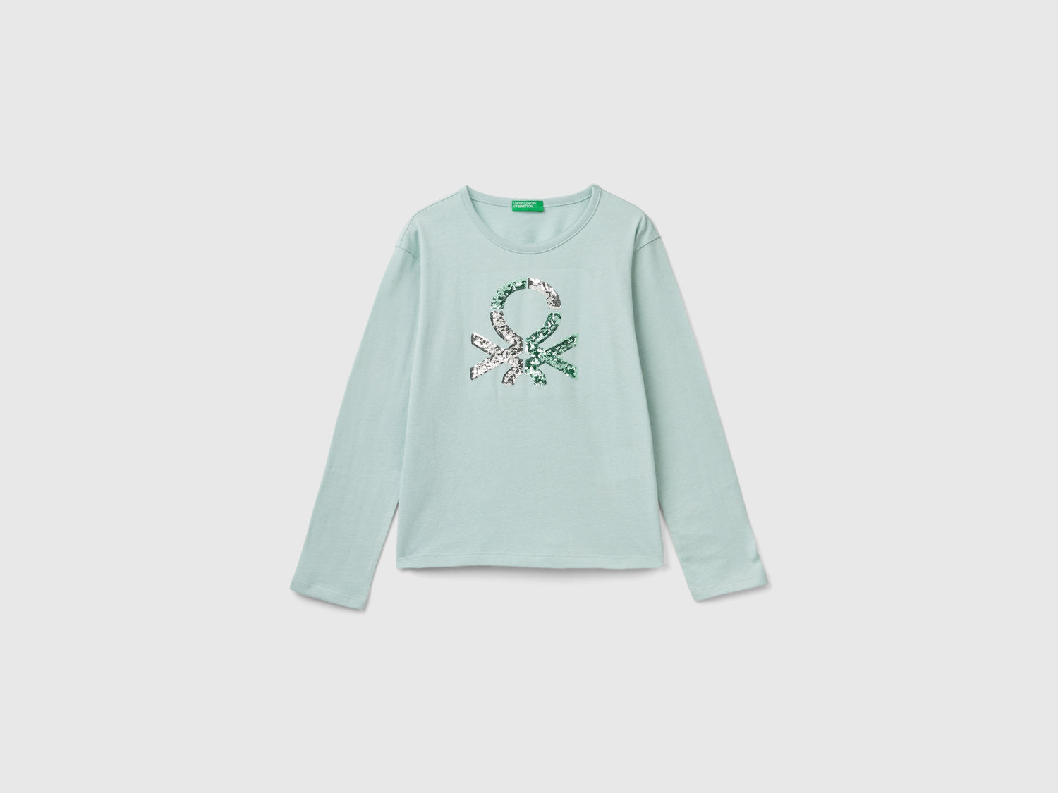 T-shirt in caldo cotone bio con paillettes da bambina verde acqua | Benetton Outlet
