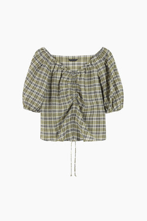 Blusa khaki a quadri con arriccio