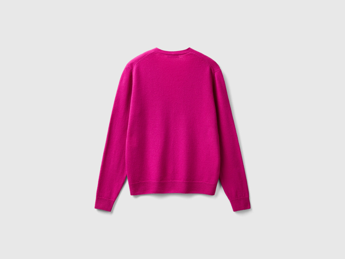 Cardigan scollo a V fucsia in pura lana Merino