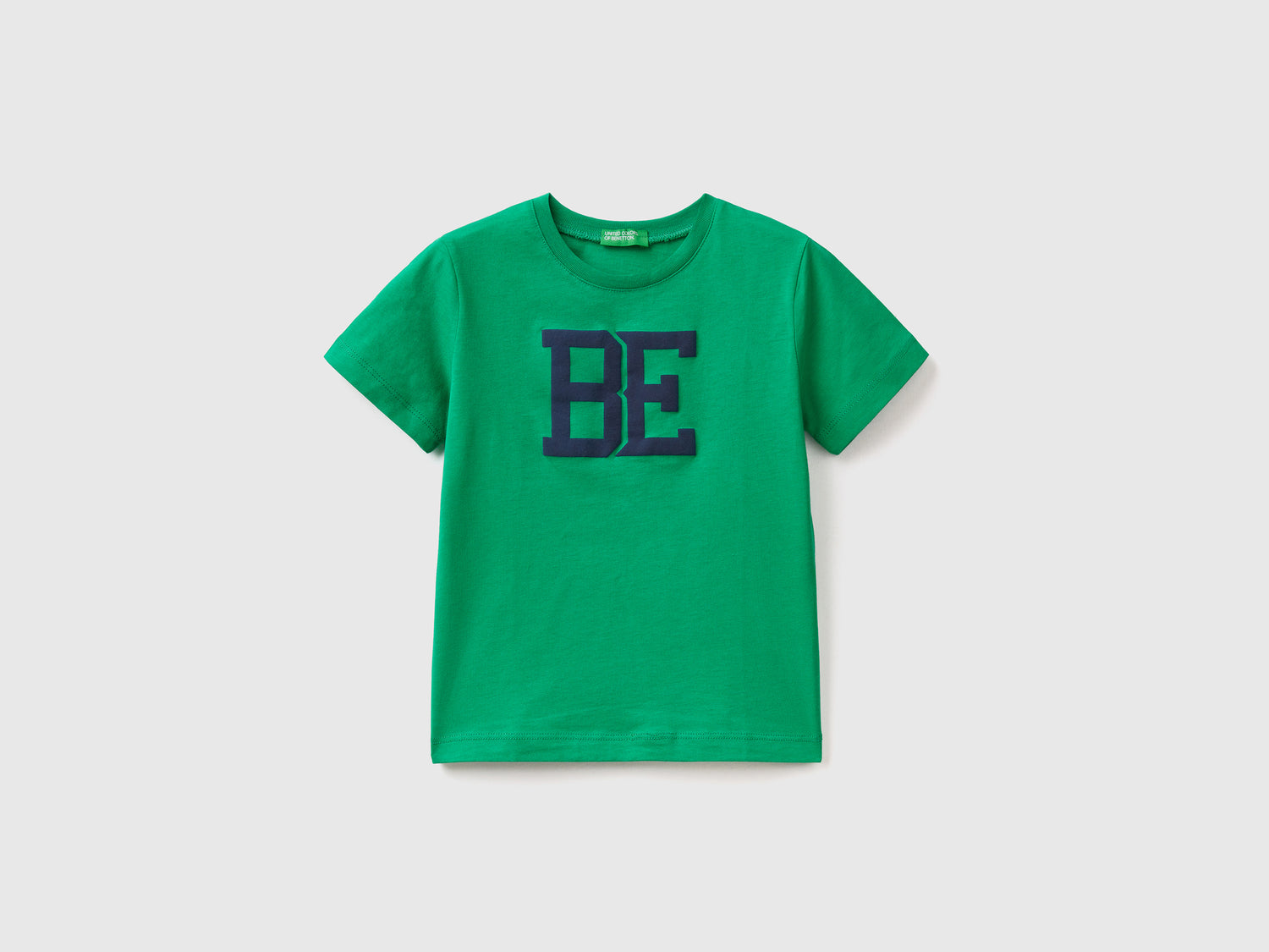 Maglietta girocollo a manica corta in puro cotone da bimbo verde | Benetton Outlet