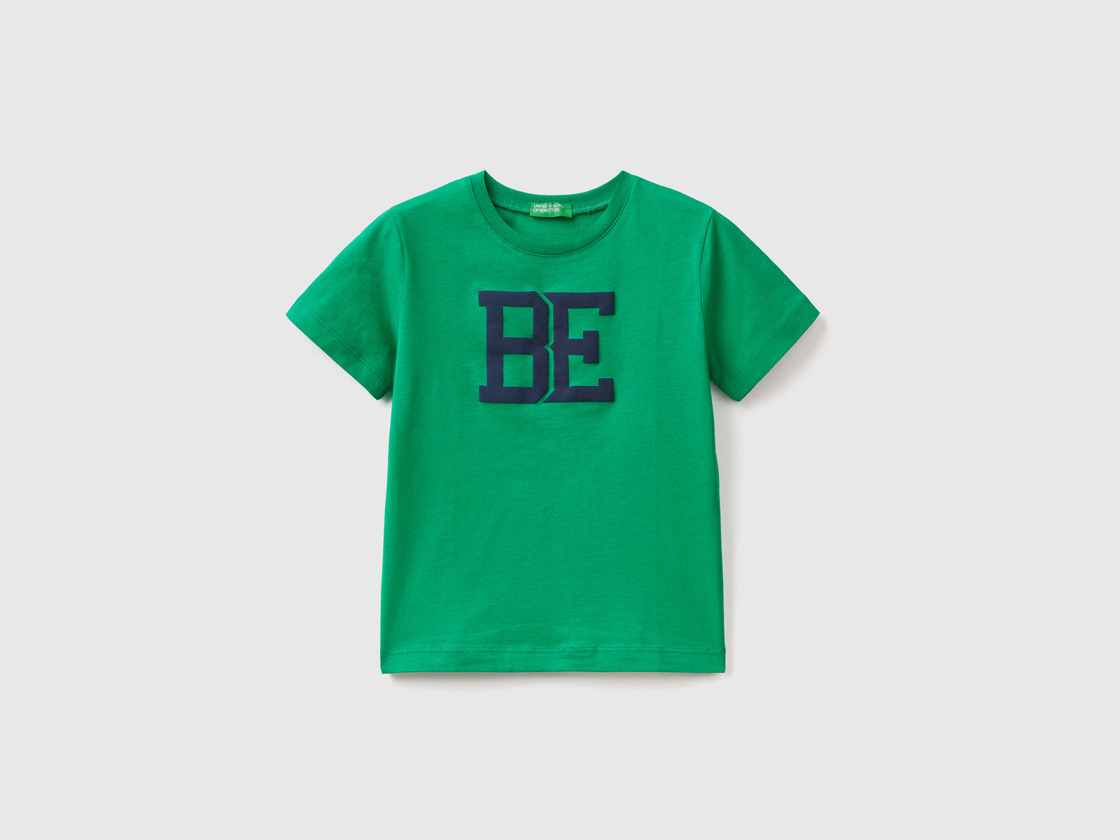 Maglietta girocollo a manica corta in puro cotone da bimbo verde | Benetton Outlet