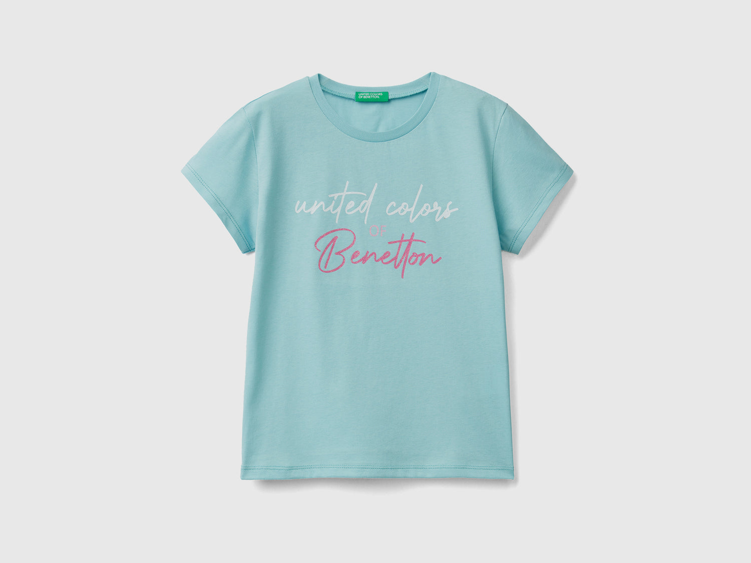 Maglietta girocollo a manica corta in puro cotone da bambina verde chiaro | Benetton Outlet