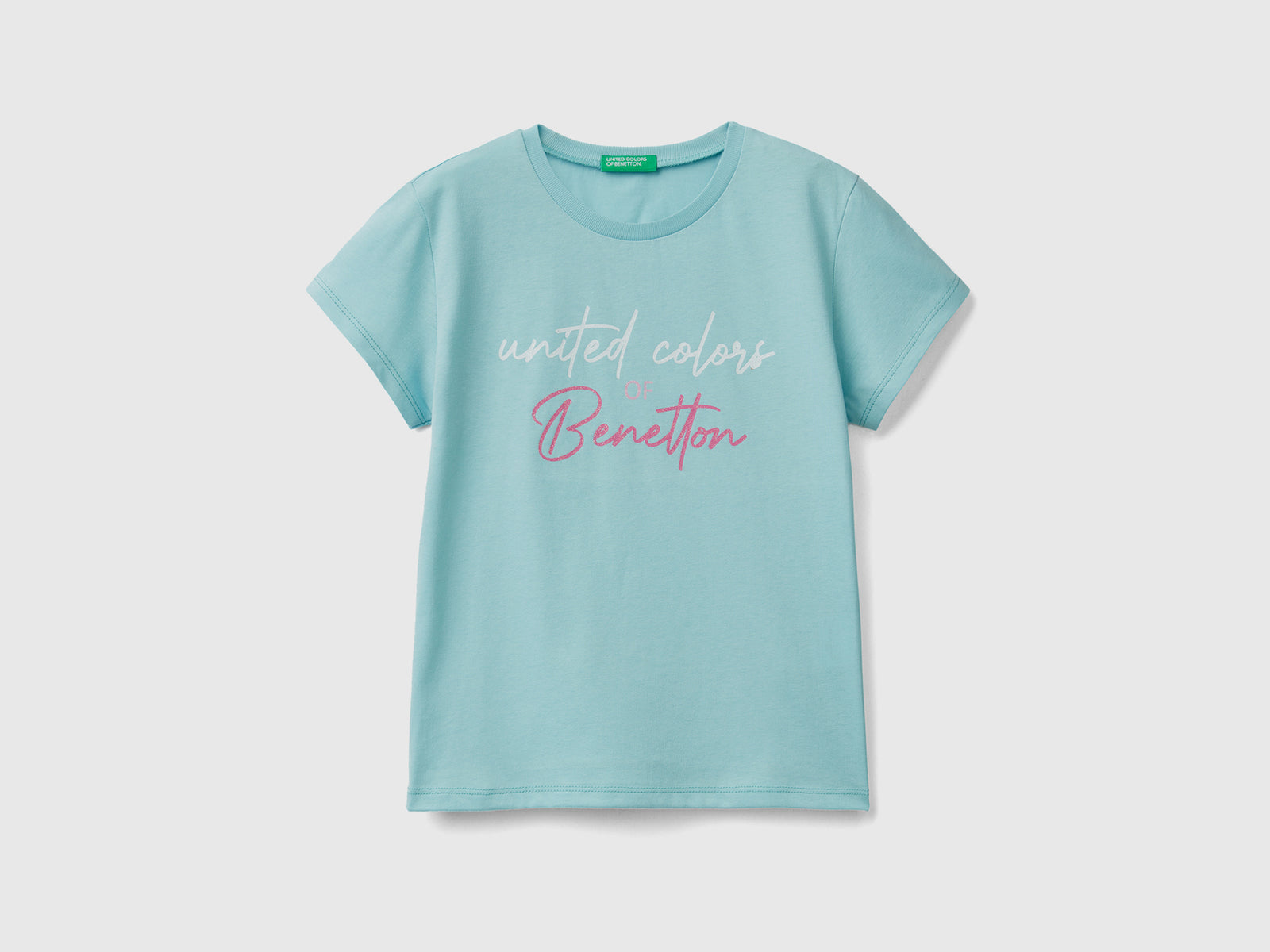 Maglietta girocollo a manica corta in puro cotone da bambina verde chiaro | Benetton Outlet