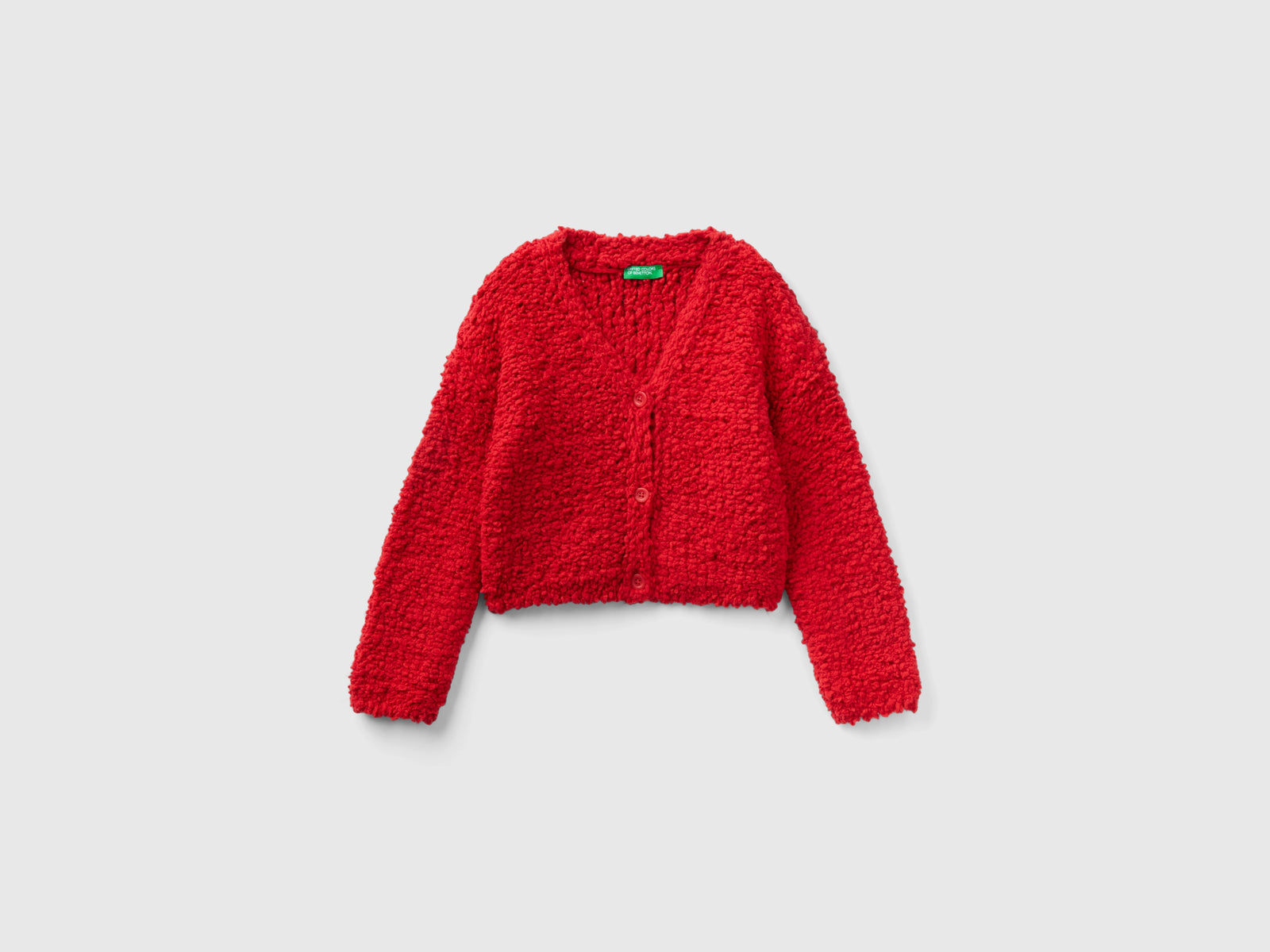 Cardigan bouclé con scollo a V da bambina rosso | Benetton Outlet