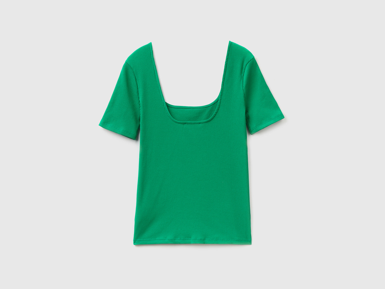 Maglietta a manica corta in costina di cotone elasticizzato da donna verde 2 | Benetton Outlet