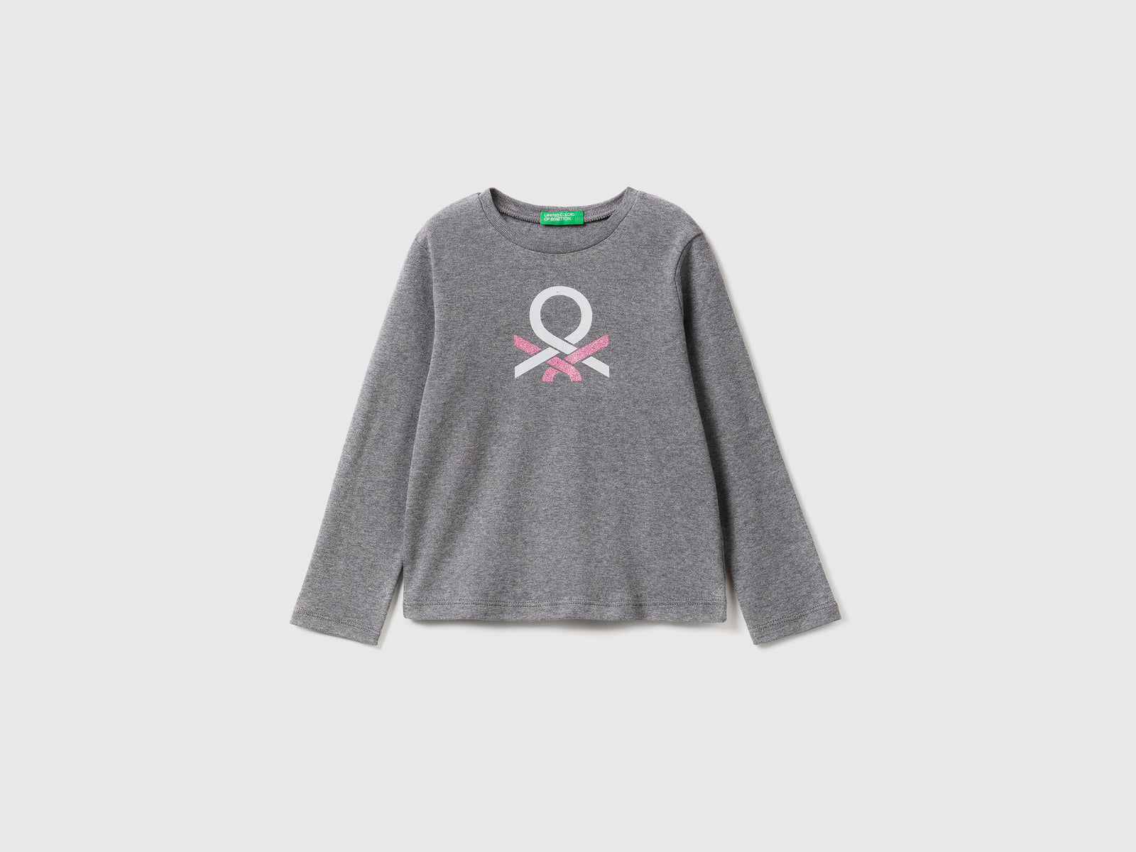 T-shirt in cotone bio con stampa glitter da bimba grigio scuro | Benetton Outlet