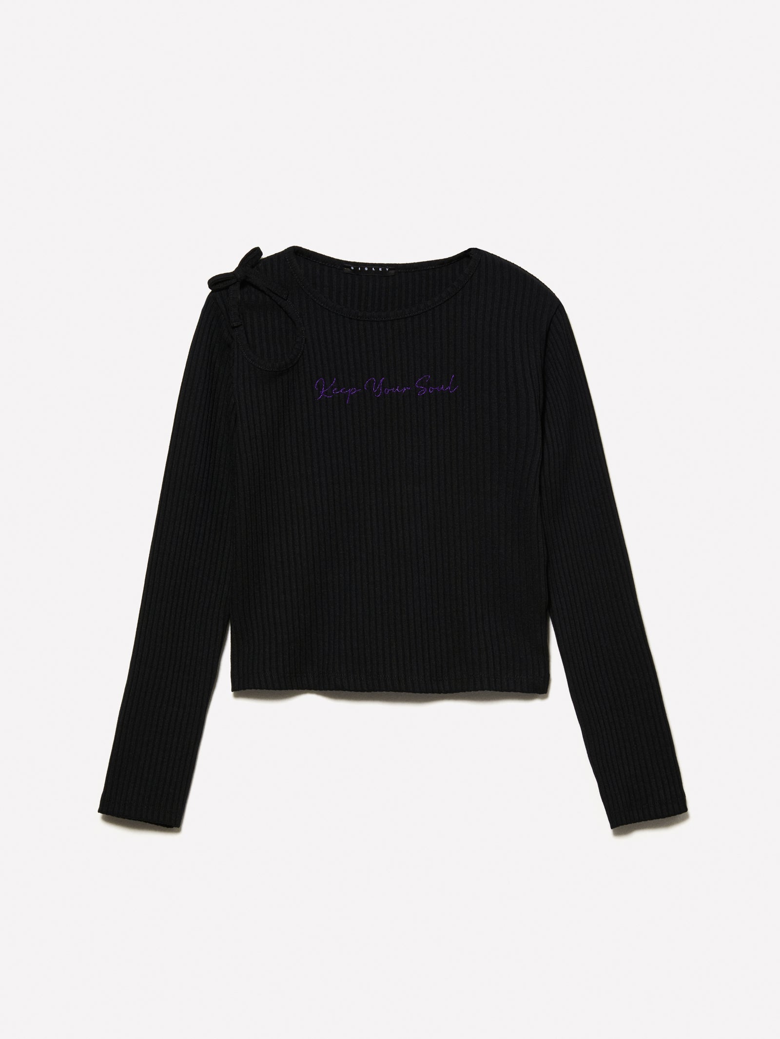 T-shirt a costine con ricamo e cut-out da bambina nero | Sisley young Outlet