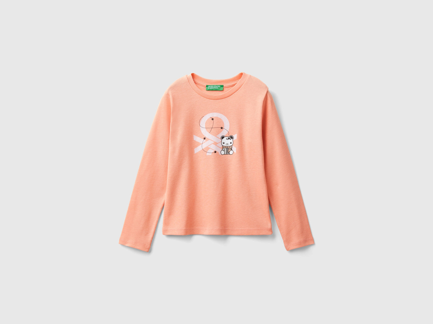 T-shirt con stampa glitter in cotone bio da bimba pesca | Benetton Outlet