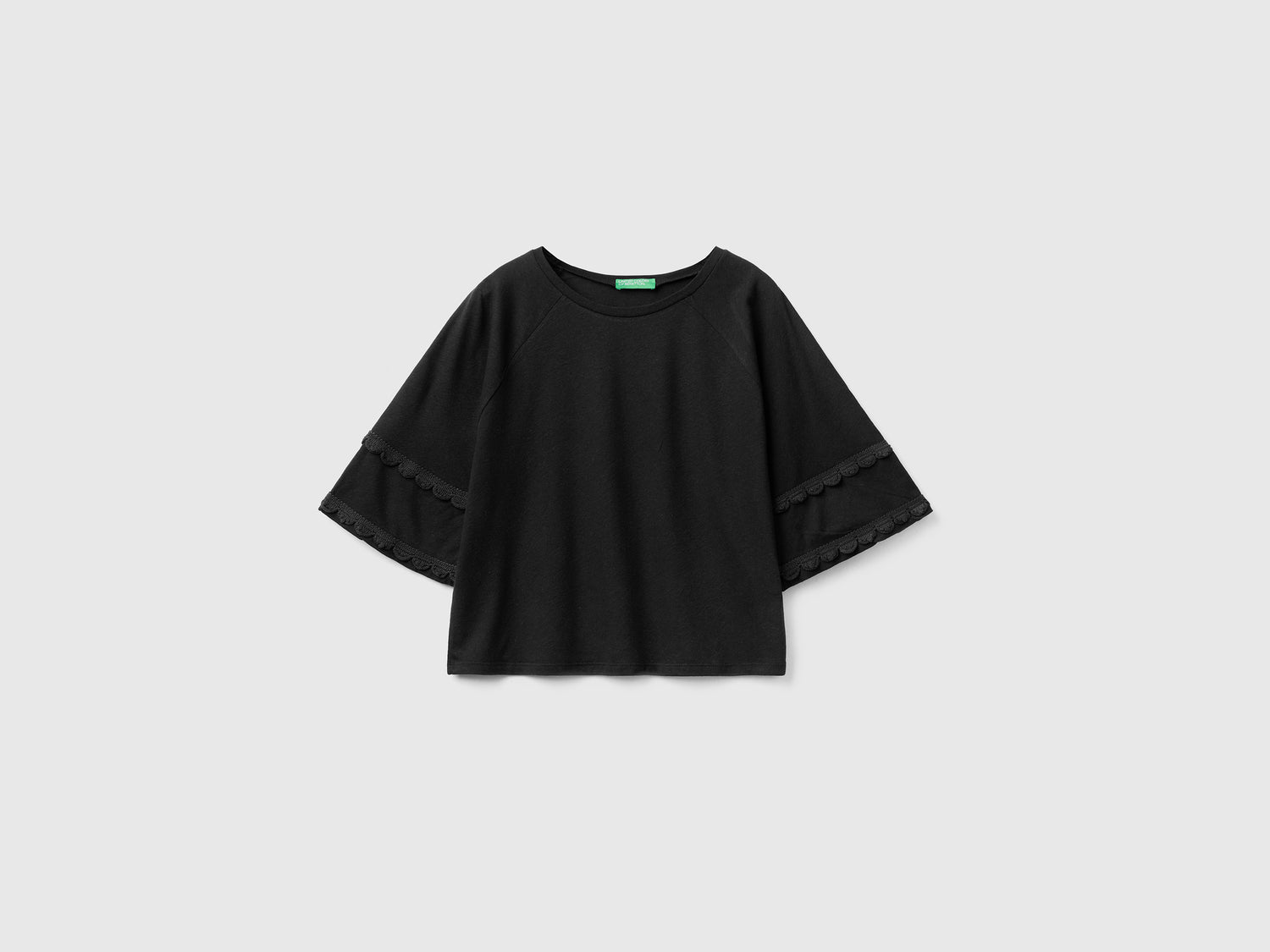 Maglietta boxy fit in misto cotone e lino con scollo rotondo da donna nero | Benetton Outlet