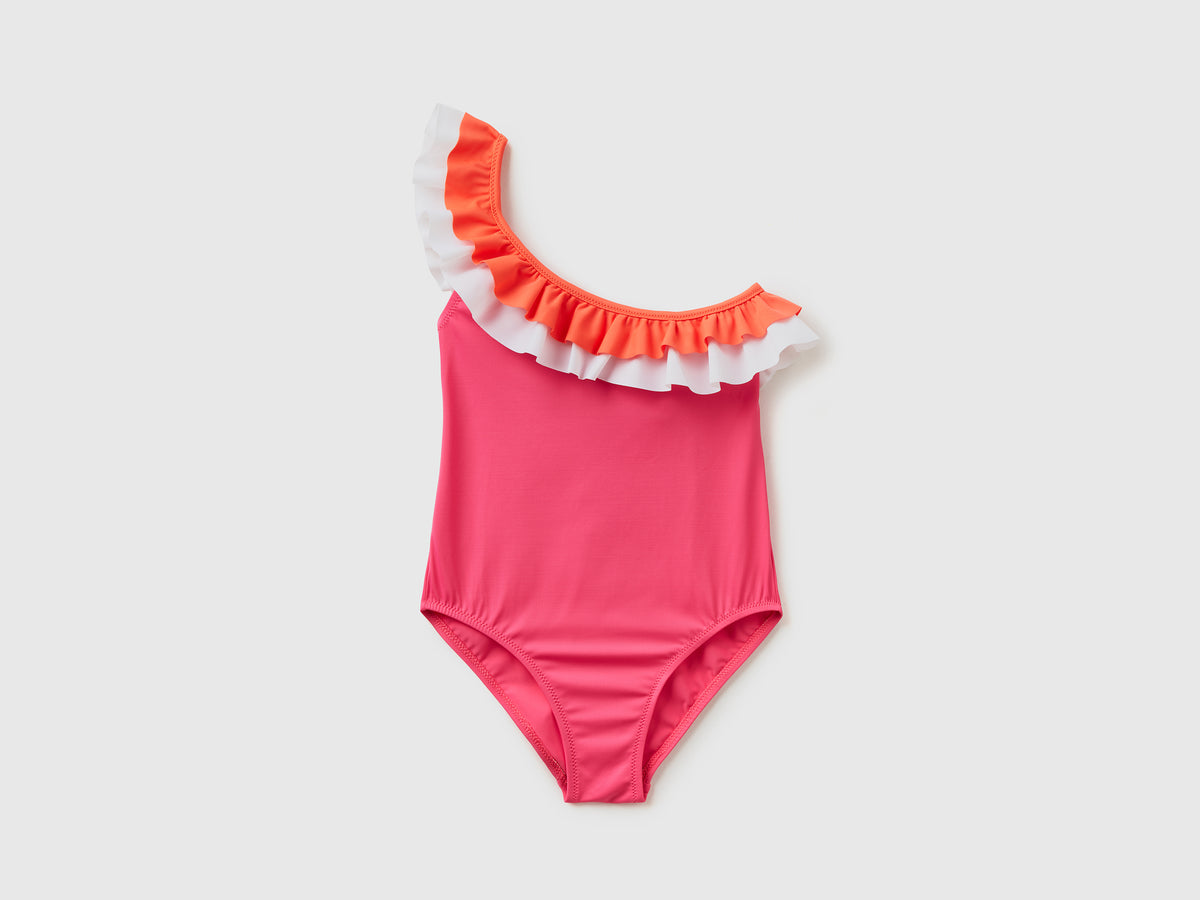 Costume intero monospalla elasticizzato con doppia balza