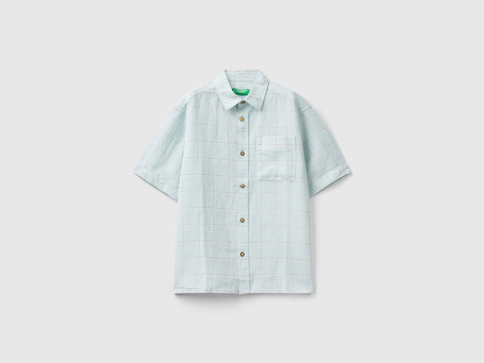 Camicia a quadri in misto lino da bambino azzurro | Benetton Outlet