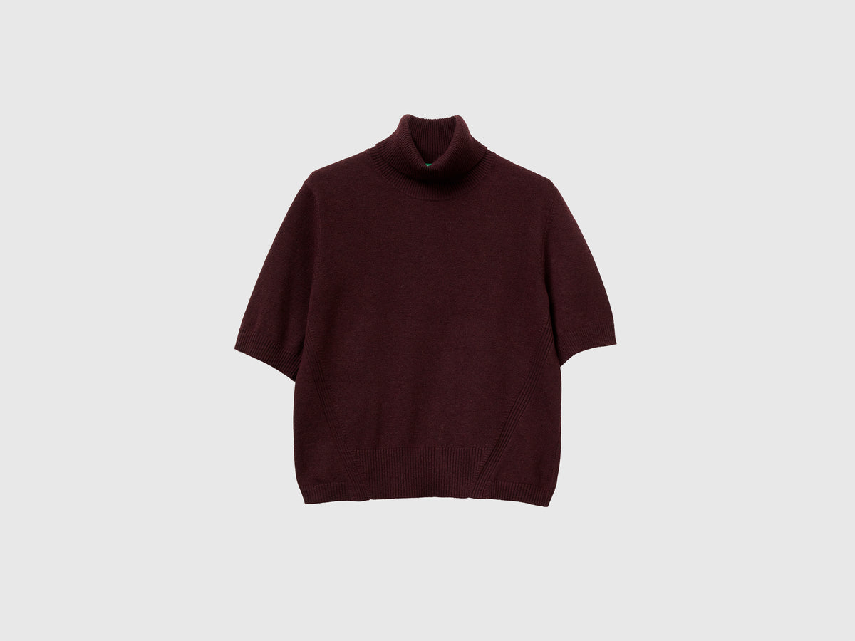 Dolcevita marrone a manica corta in misto cashmere