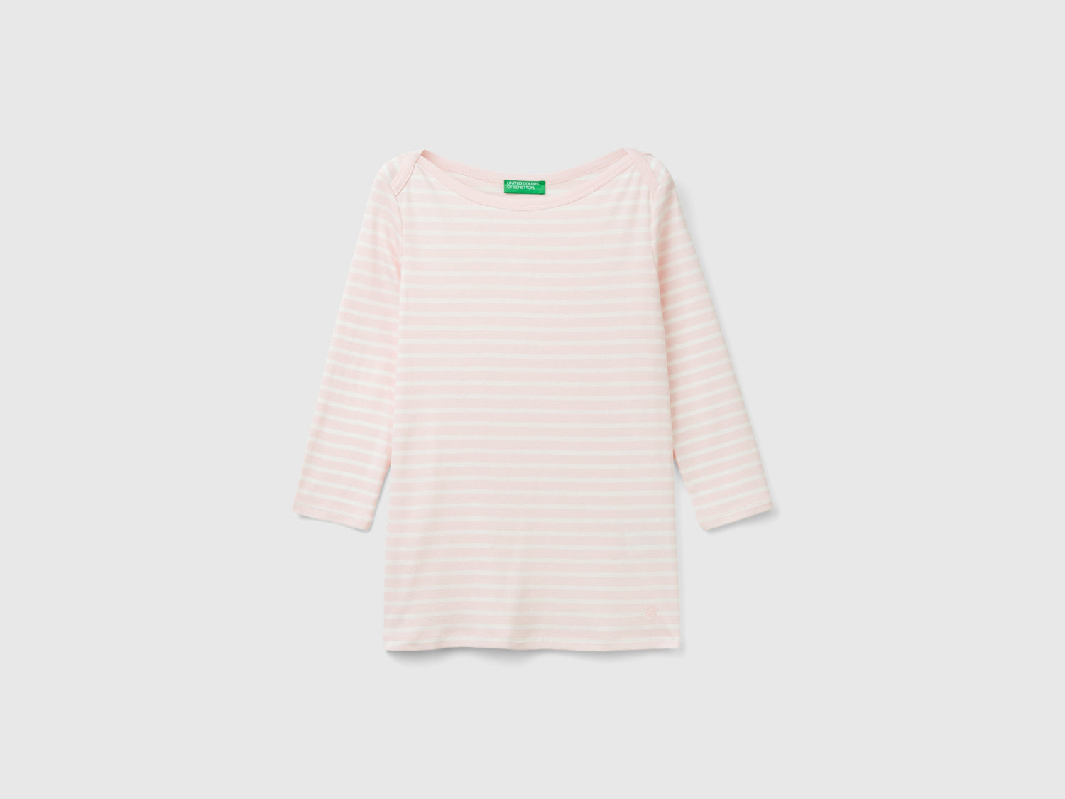 T-shirt manica 3/4 a righe in puro cotone da donna rosa pastello | Benetton Outlet