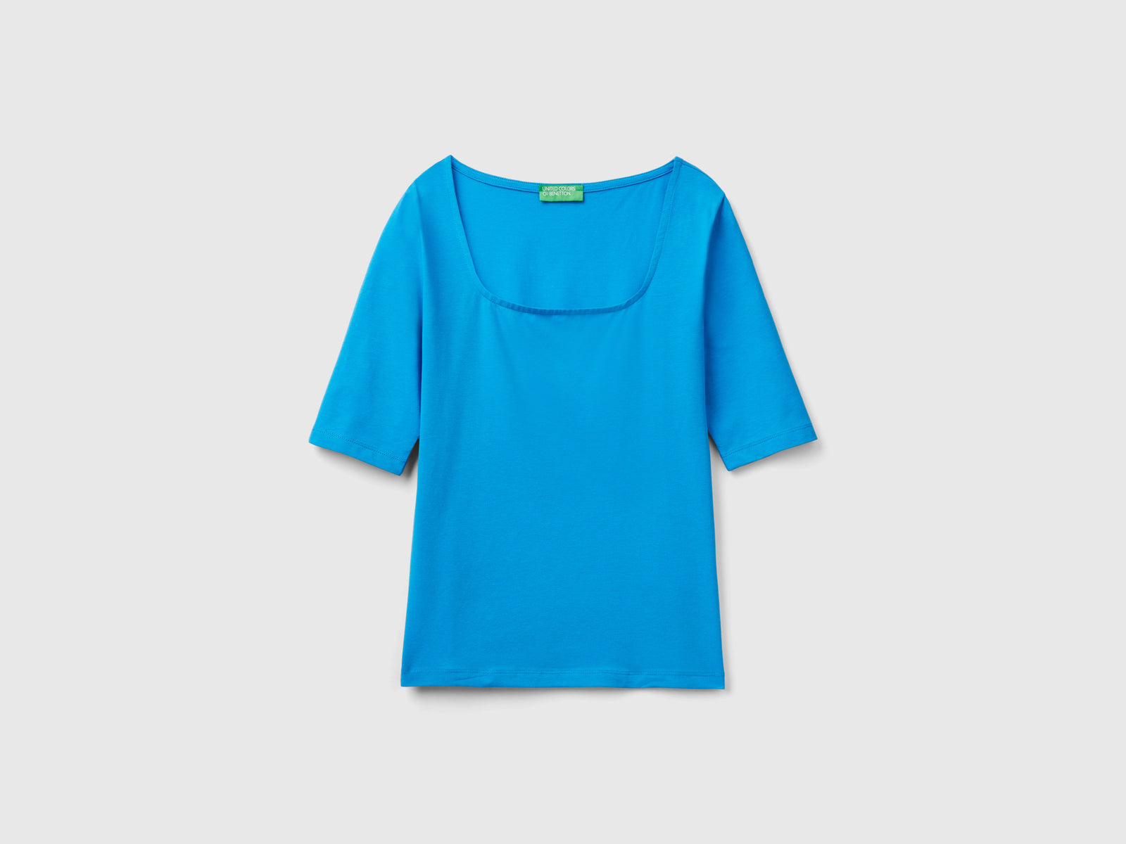 T-shirt aderente in cotone stretch da donna blu | Benetton Outlet
