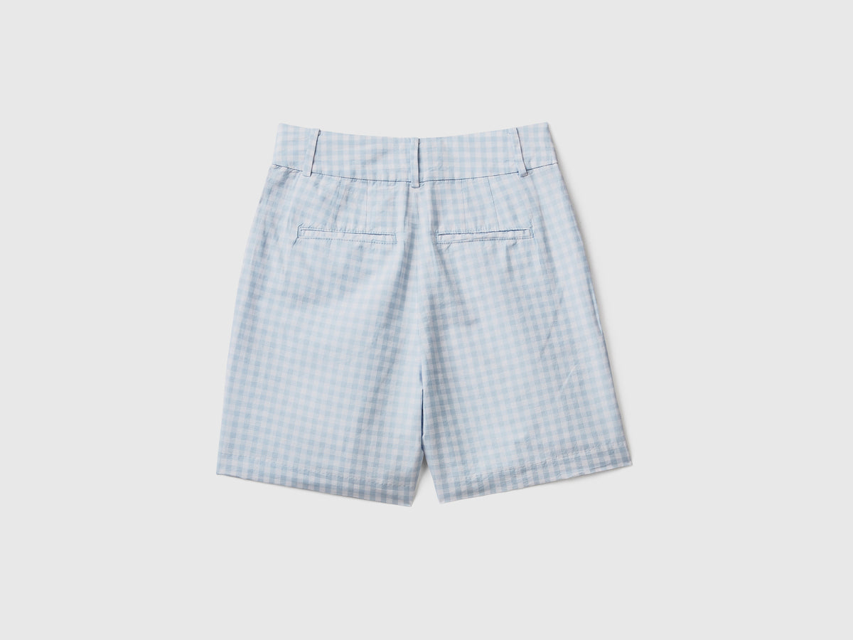 Pantaloni corti a vita alta in misto cotone e lino con fantasia a quadretti
