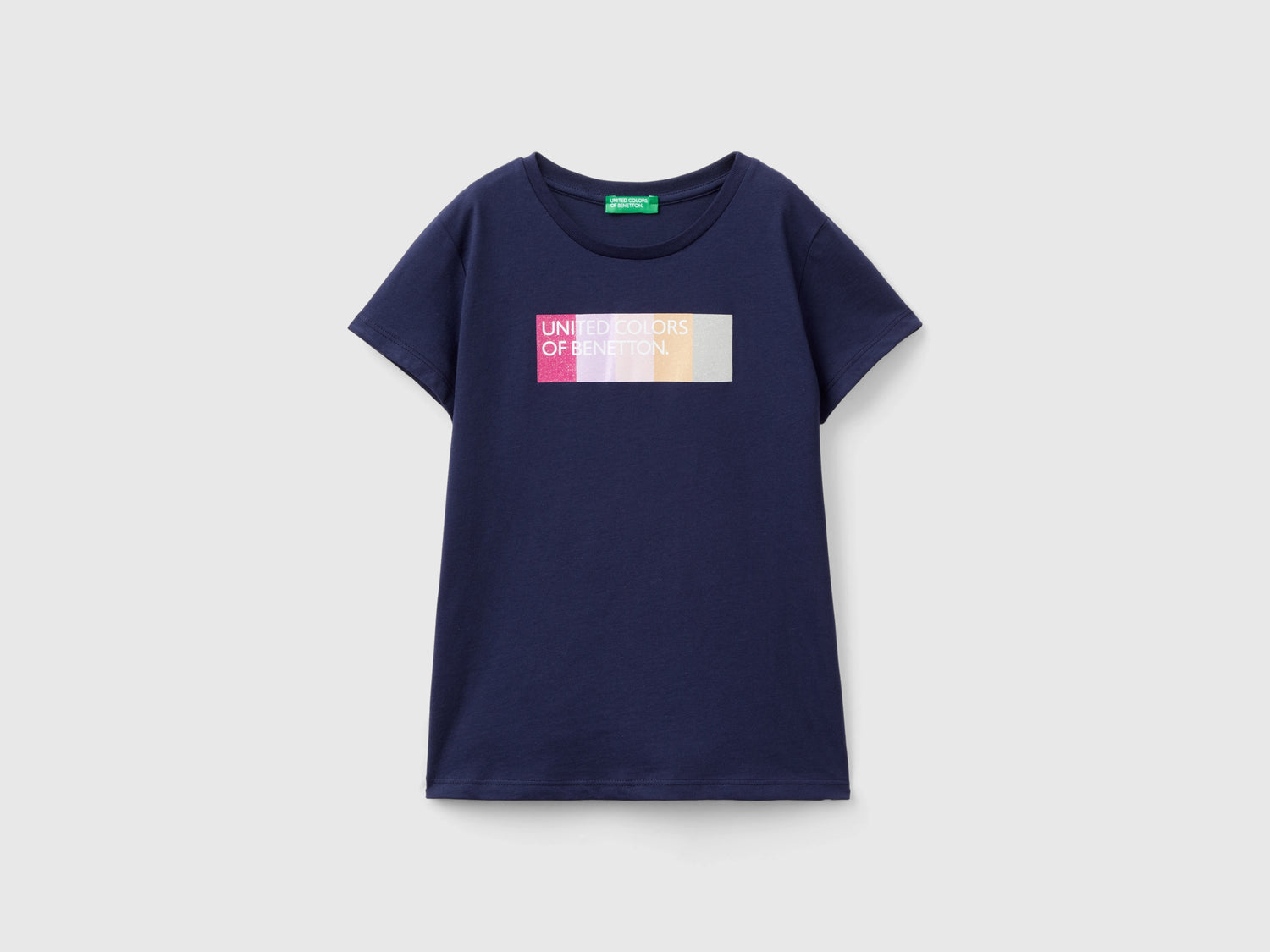 T-shirt con logo glitter in cotone bio da bambina blu scuro | Benetton Outlet
