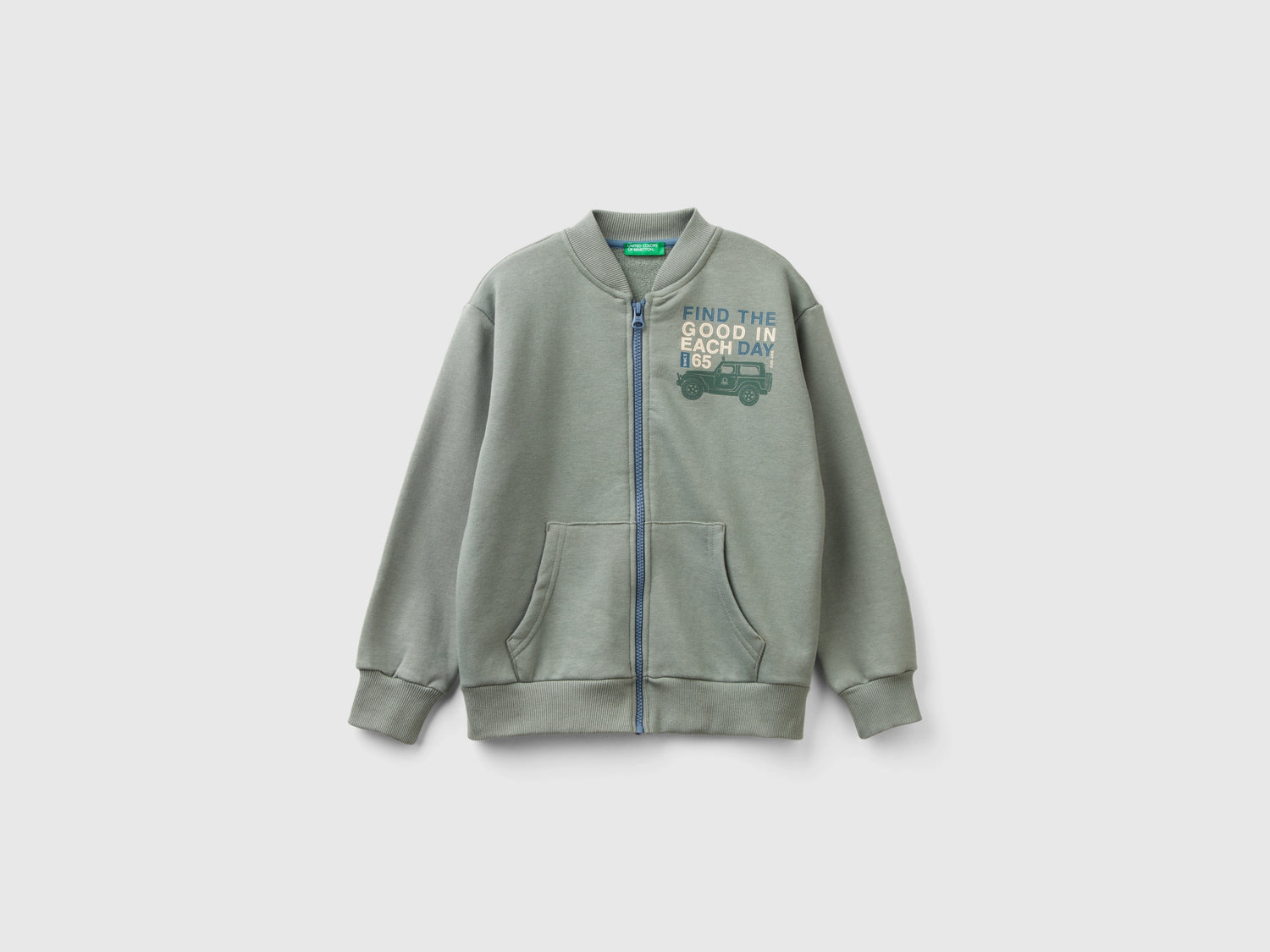 Felpa con zip e stampa slogan da bambino verde chiaro | Benetton Outlet