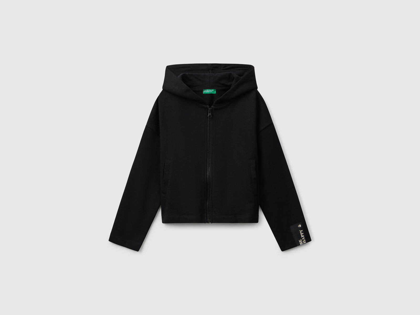Felpa con zip e cappuccio da bambina nero | Benetton Outlet