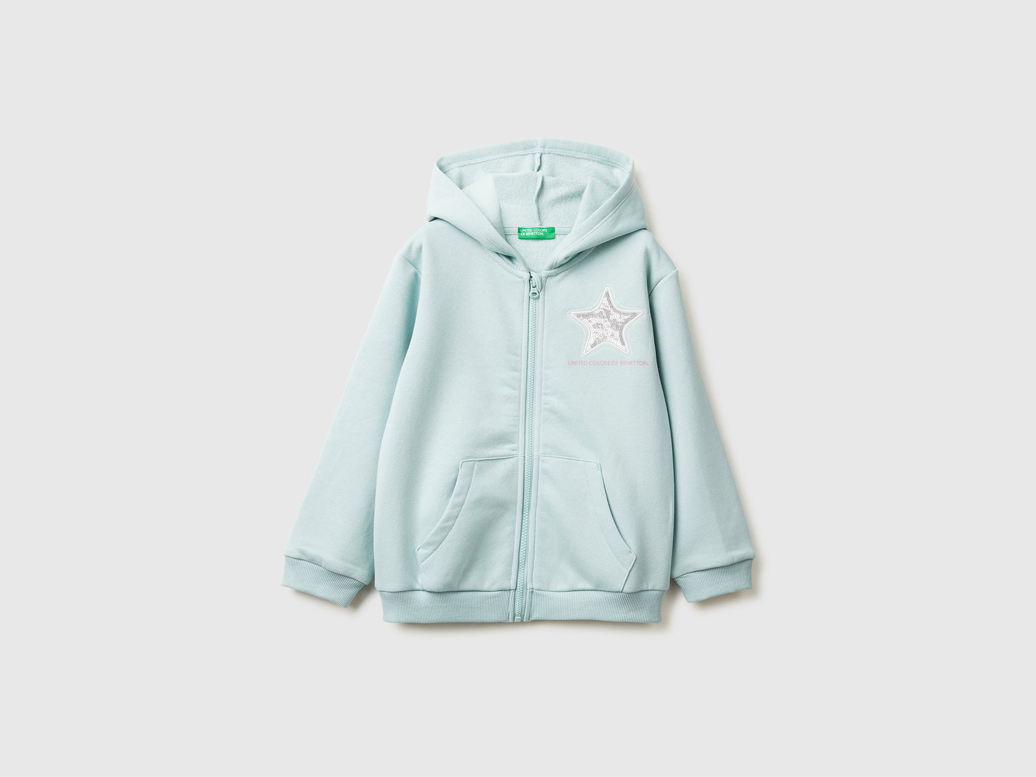Felpa con zip e paillettes da bimba verde acqua | Benetton Outlet