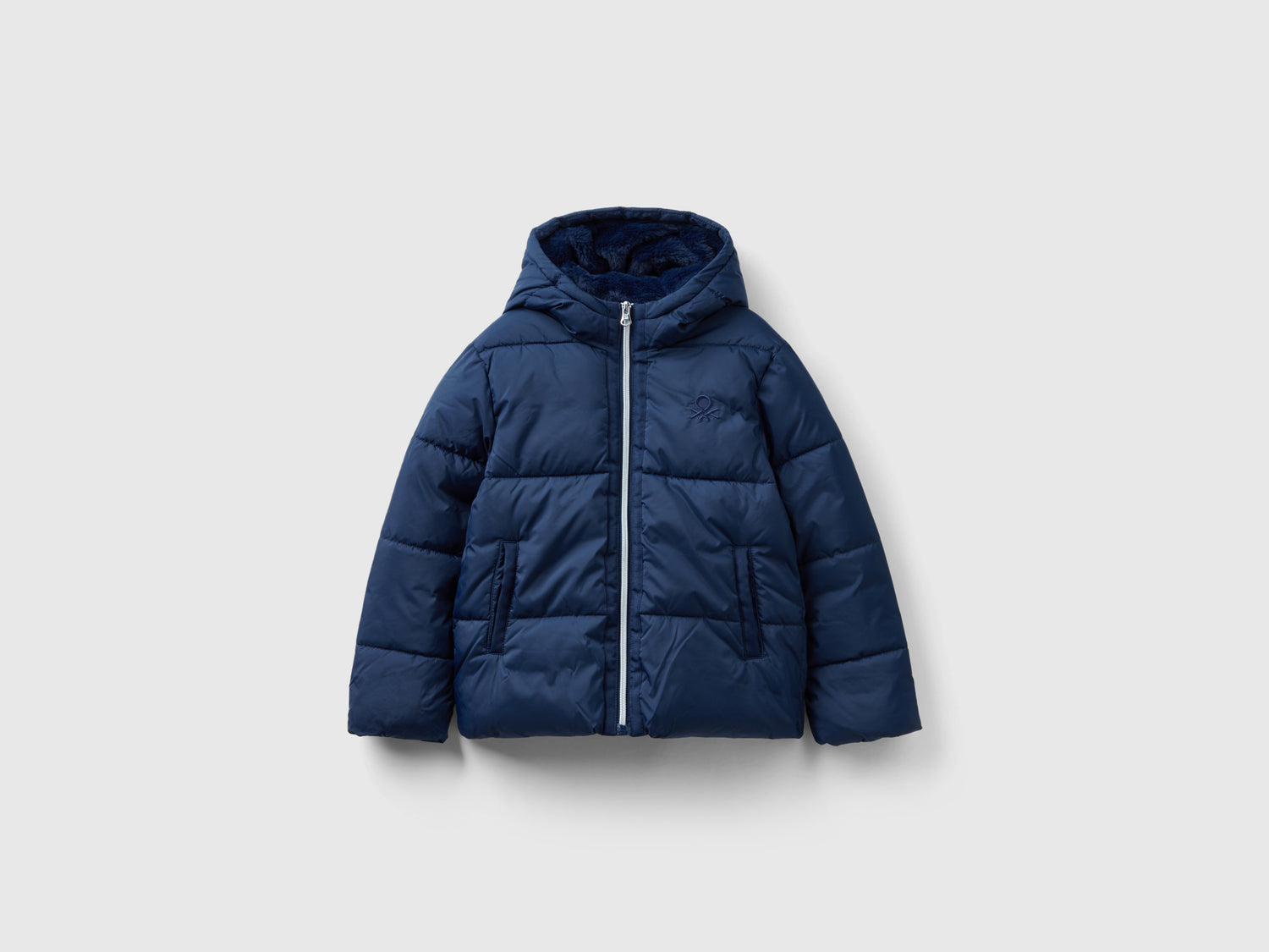 Giubbotto imbottito con cappuccio da bambina blu scuro | Benetton Outlet