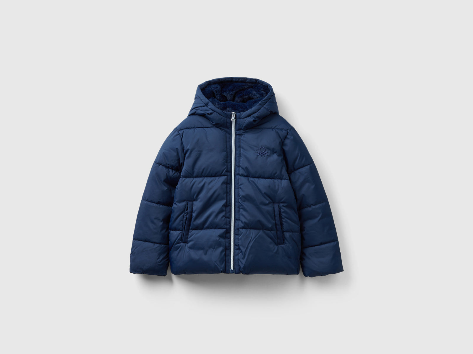 Giubbotto imbottito con cappuccio da bambina blu scuro | Benetton Outlet