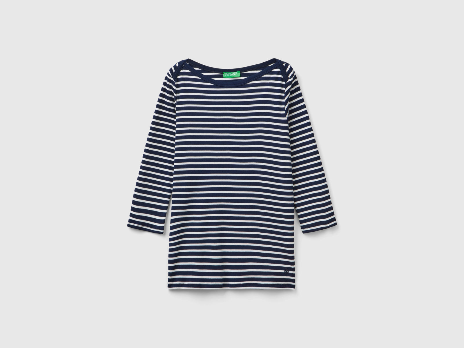 T-shirt manica 3/4 a righe in puro cotone da donna blu scuro | Benetton Outlet