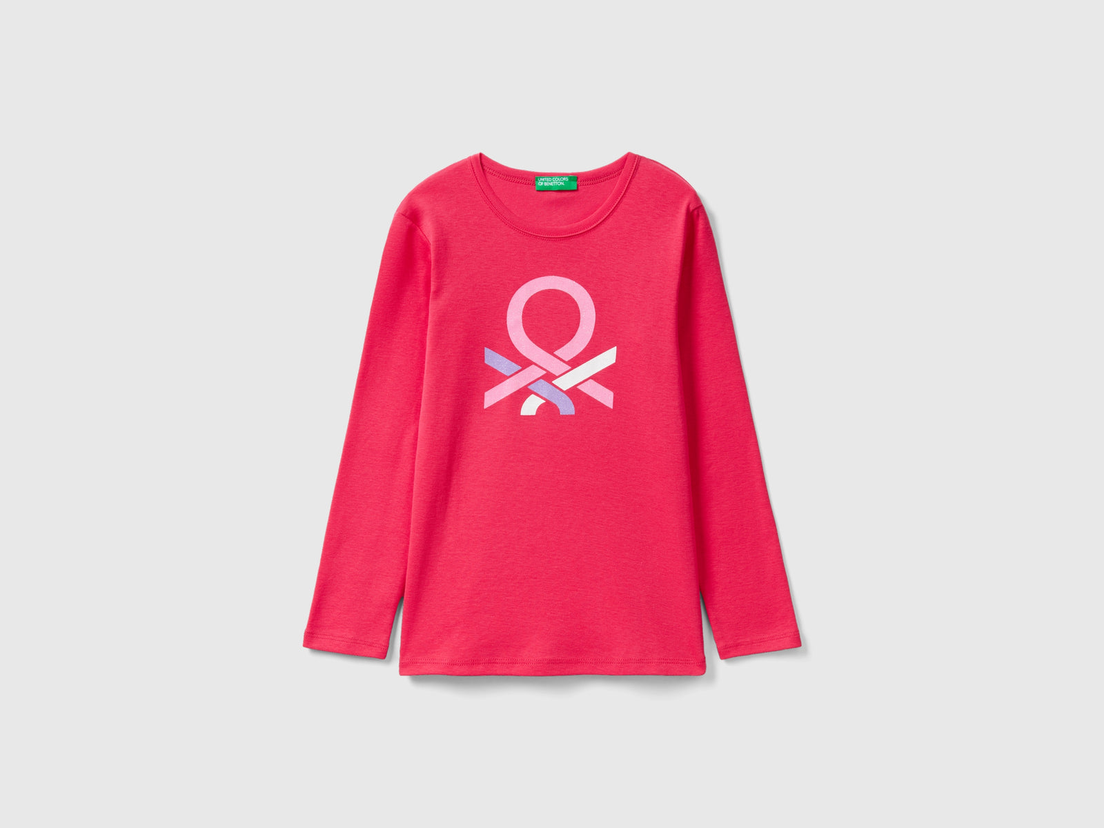 T-shirt manica lunga con stampa glitter da bambina fucsia | Benetton Outlet