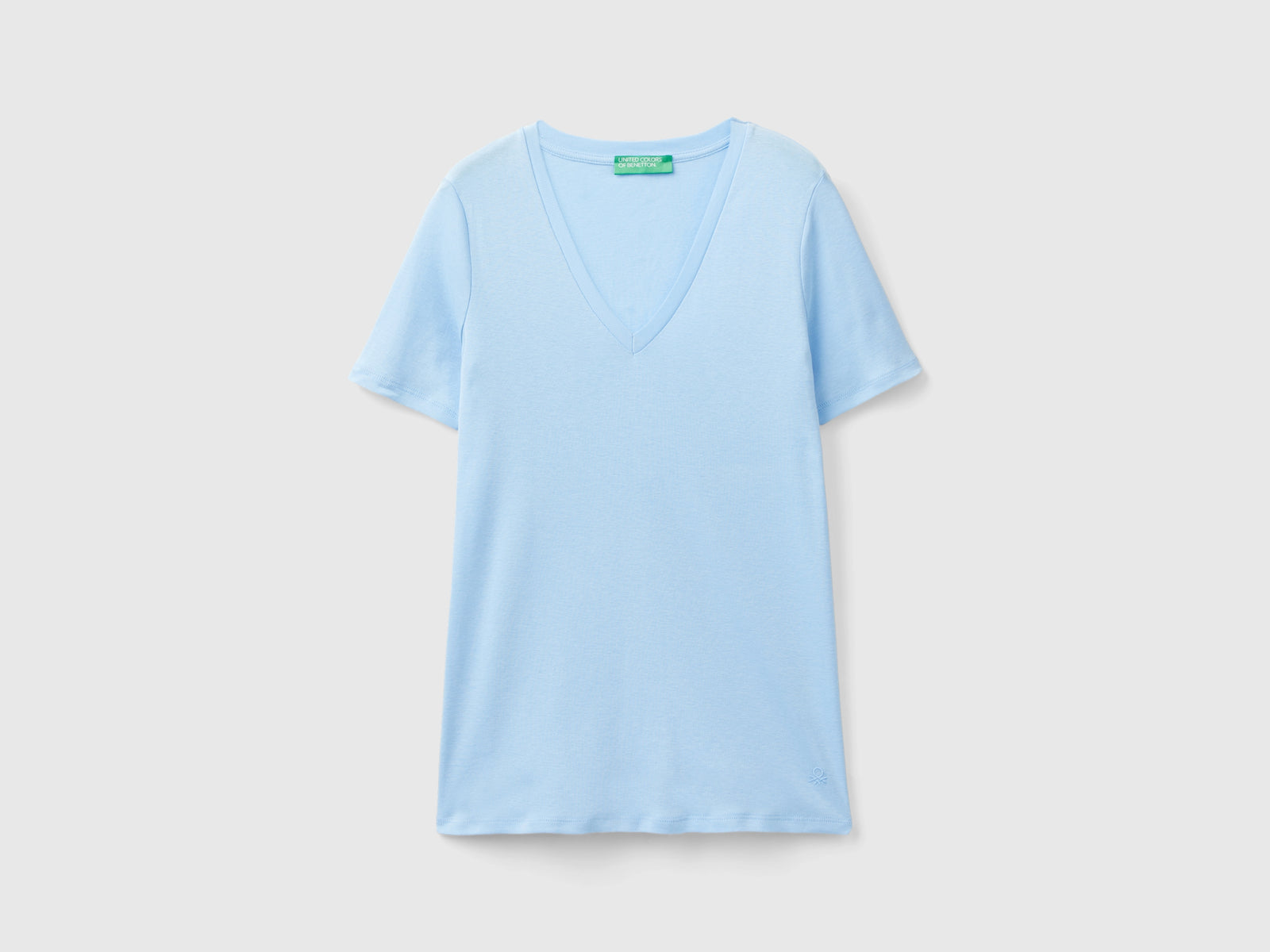 T-shirt in puro cotone con scollo a V da donna azzurro | Benetton Outlet