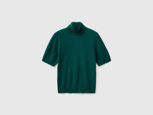 Dolcevita verde bosco a manica corta in misto cashmere