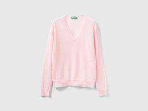 Maglia con scollo a V rosa chiaro in pura lana Merino