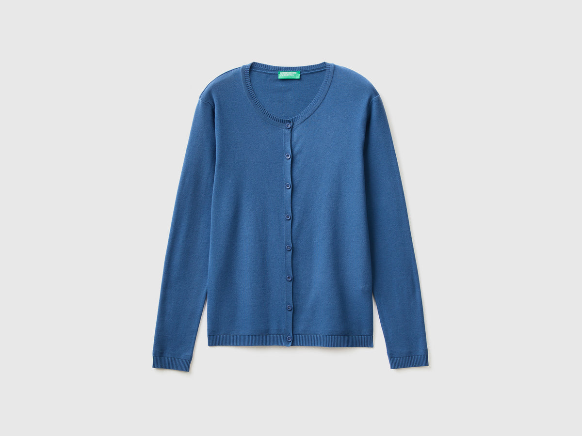 Cardigan girocollo in puro cotone da donna blu | Benetton Outlet