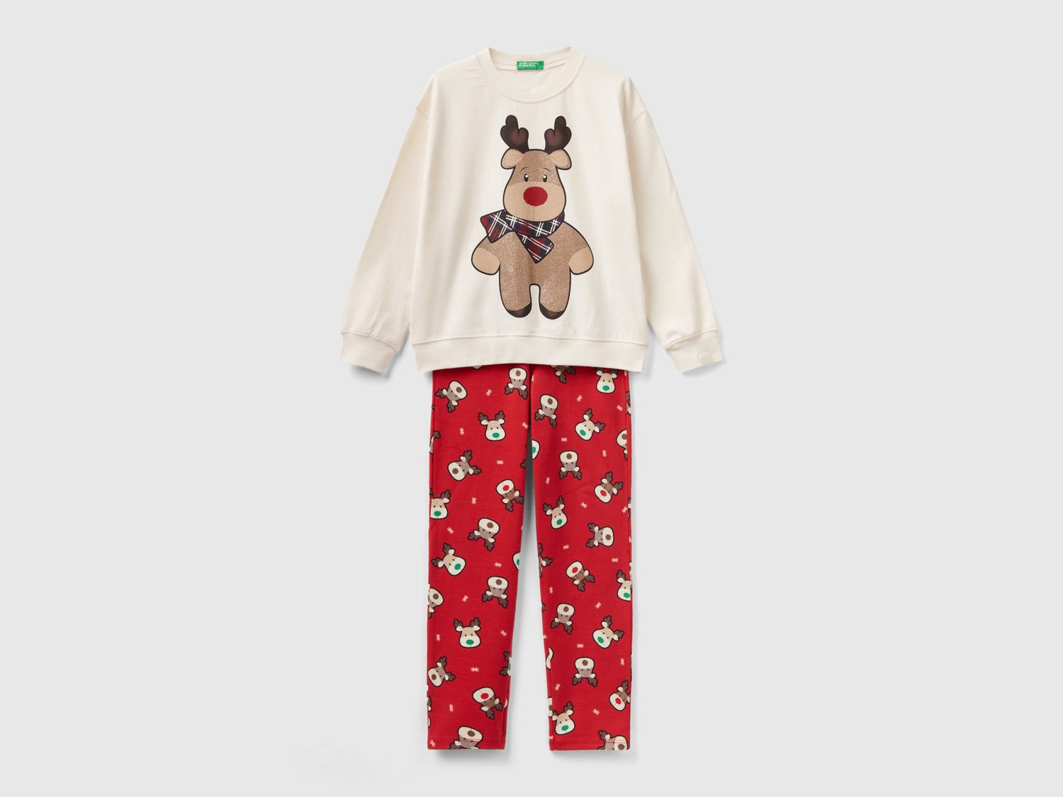 Pigiama con renne in cotone stretch da bambina bianco panna | Benetton Outlet