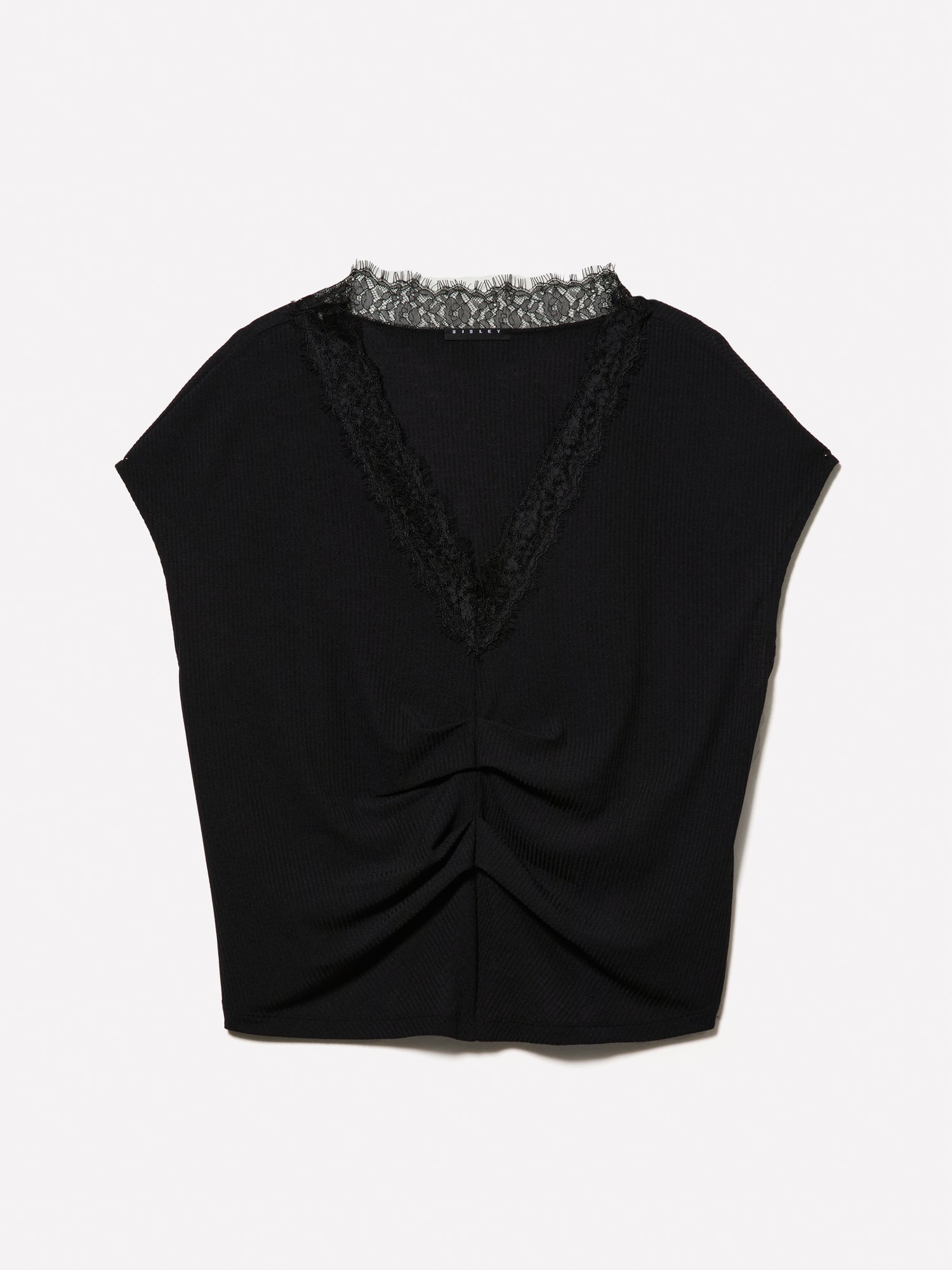 T-shirt arricciata con pizzo da donna nero | Sisley Outlet