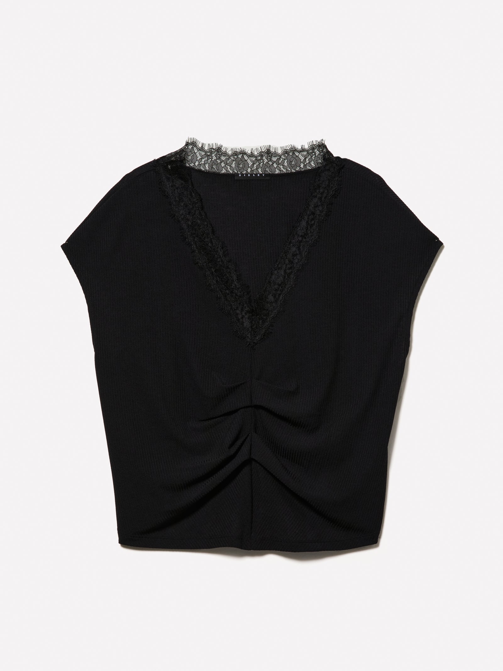 T-shirt arricciata con pizzo da donna nero | Sisley Outlet