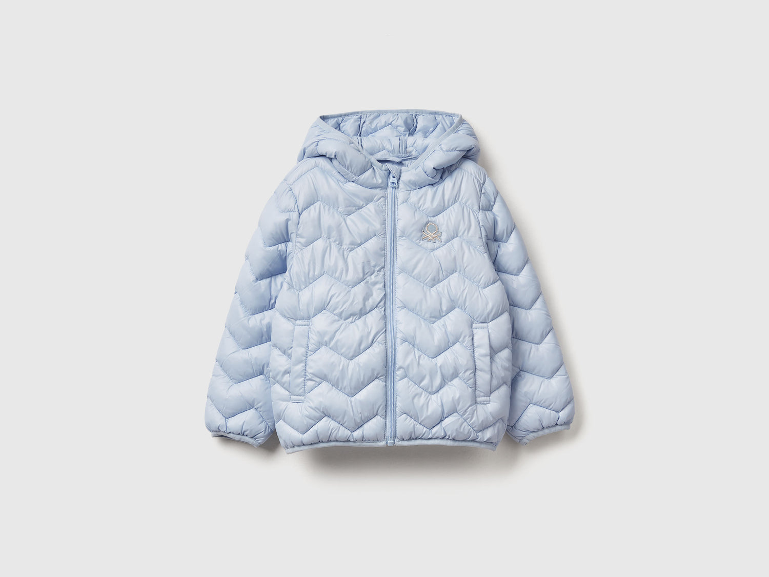 Giubbino imbottito con cappuccio da bimba azzurro | Benetton Outlet