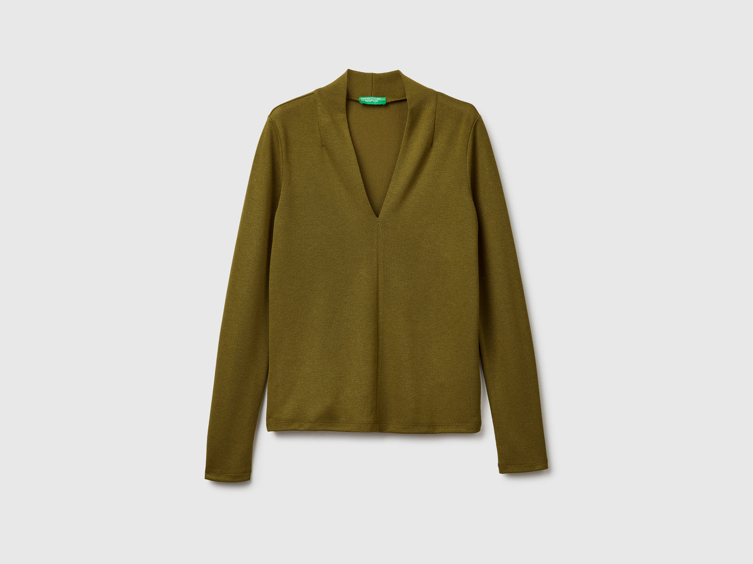 T-shirt in crêpe con scollo a V da donna verde militare | Benetton Outlet