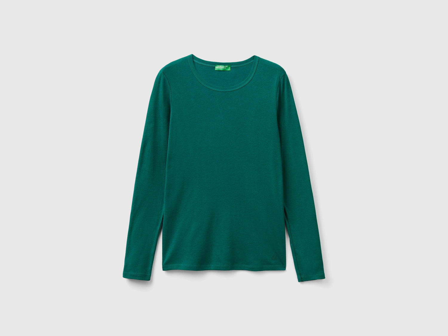 T-shirt a manica lunga in puro cotone da donna verde scuro | Benetton Outlet