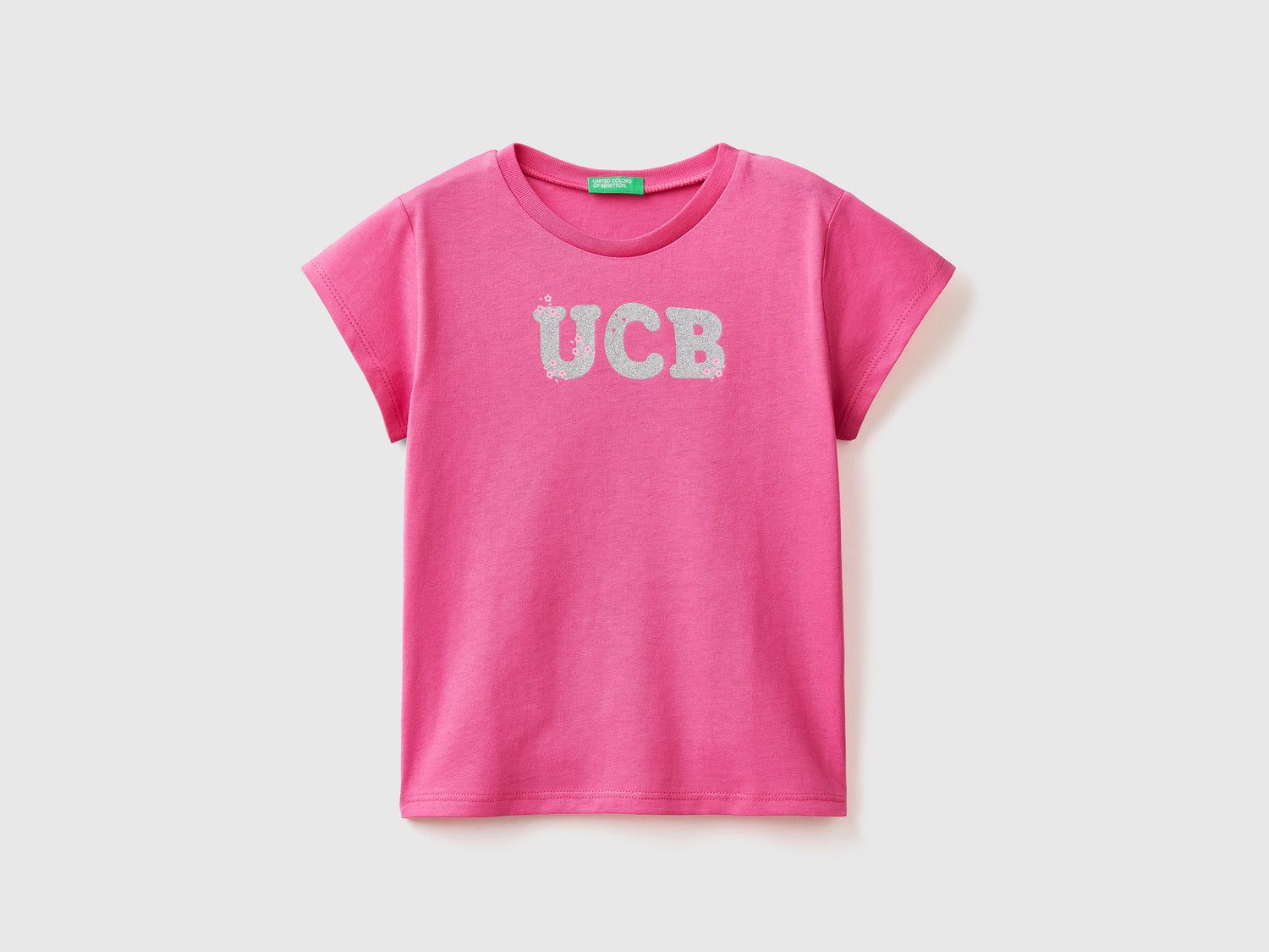 Maglietta girocollo a manica corta in puro cotone da bimba fucsia | Benetton Outlet