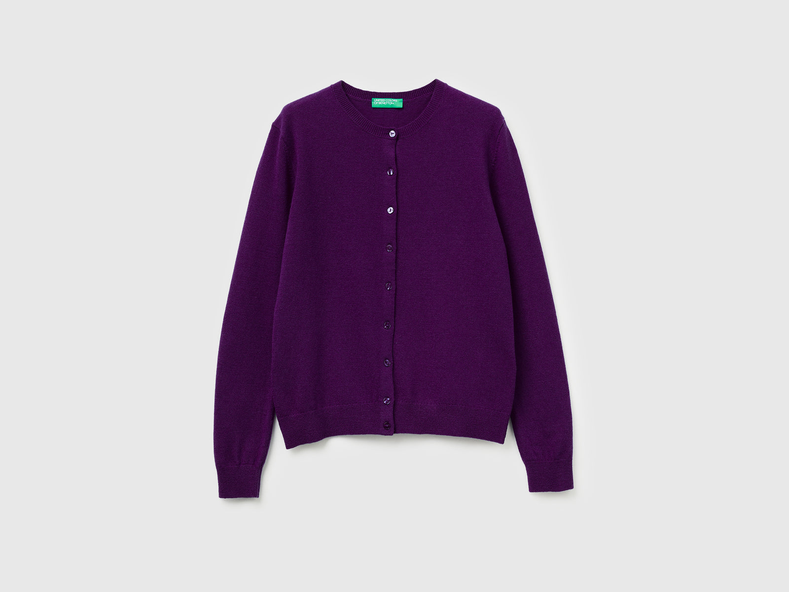 Cardigan girocollo viola in pura lana Merino da donna prugna | Benetton Outlet