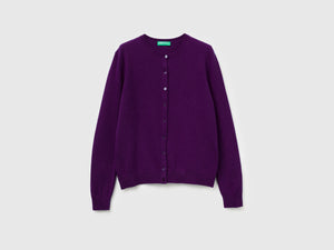 Cardigan girocollo viola in pura lana Merino