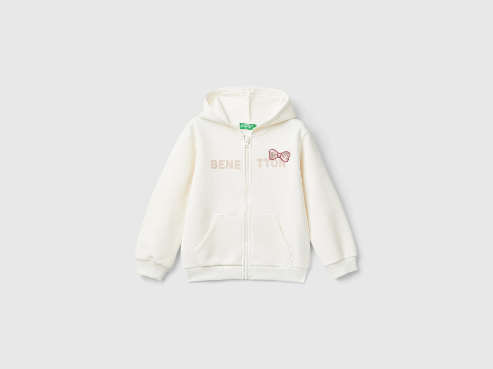 Felpa con zip e paillettes da bimba bianco panna | Benetton Outlet