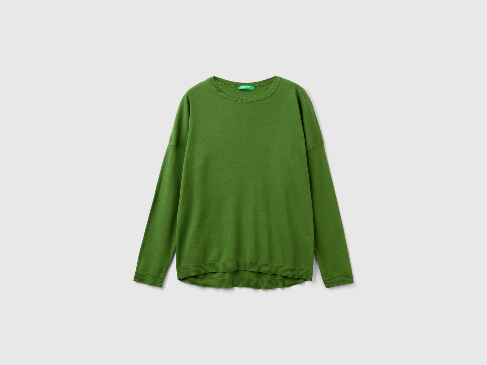 Maglia in cotone con scollo rotondo da donna verde militare | Benetton Outlet