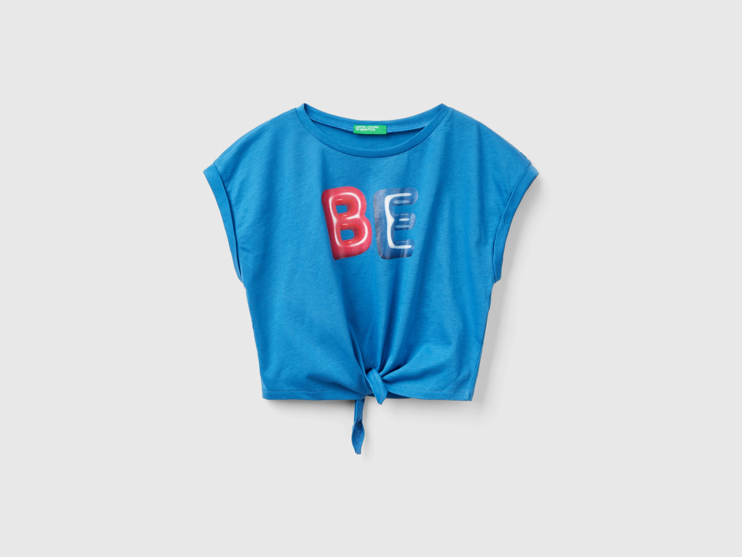 T-shirt con stampa e nodo da bambina blu | Benetton Outlet