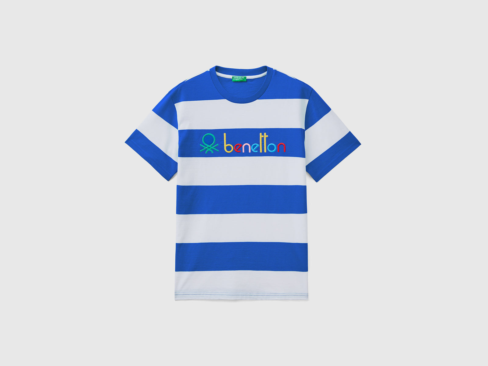 Maglietta girocollo a manica corta in puro cotone a righe tinto filo da uomo bluette | Benetton Outlet